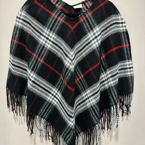 Lord & Taylor Black Plaid Poncho with Red & White Stripes